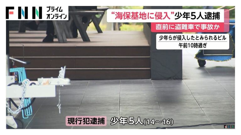 東京・江東区の海上保安部敷地内に侵入した少年5人逮捕、盗難車事故後の逃走か