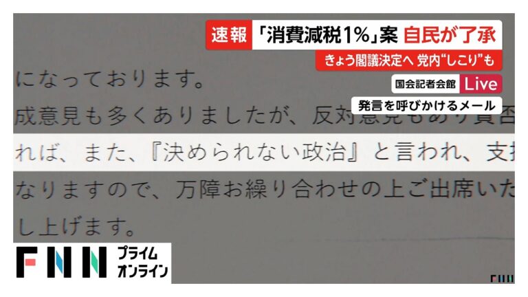 自民党が食料品の消費税1%減税を正式了承、党内に「しこり残る」との反発